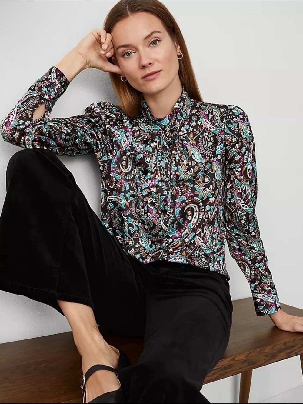 NWT Ann Taylor Paisley Tie Neck Blouse, Medium | Boho Chic Romantic Victorian